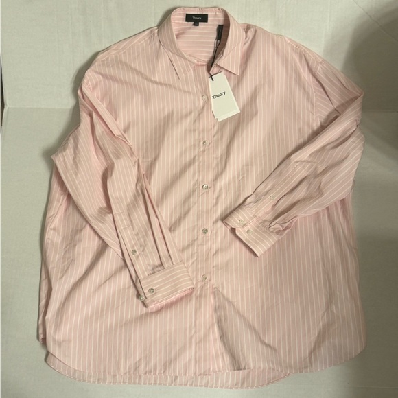 NWT THEORY Pink Multi Downing Bold Oversized Striped Button Down Shirt - Picture 5 of 7